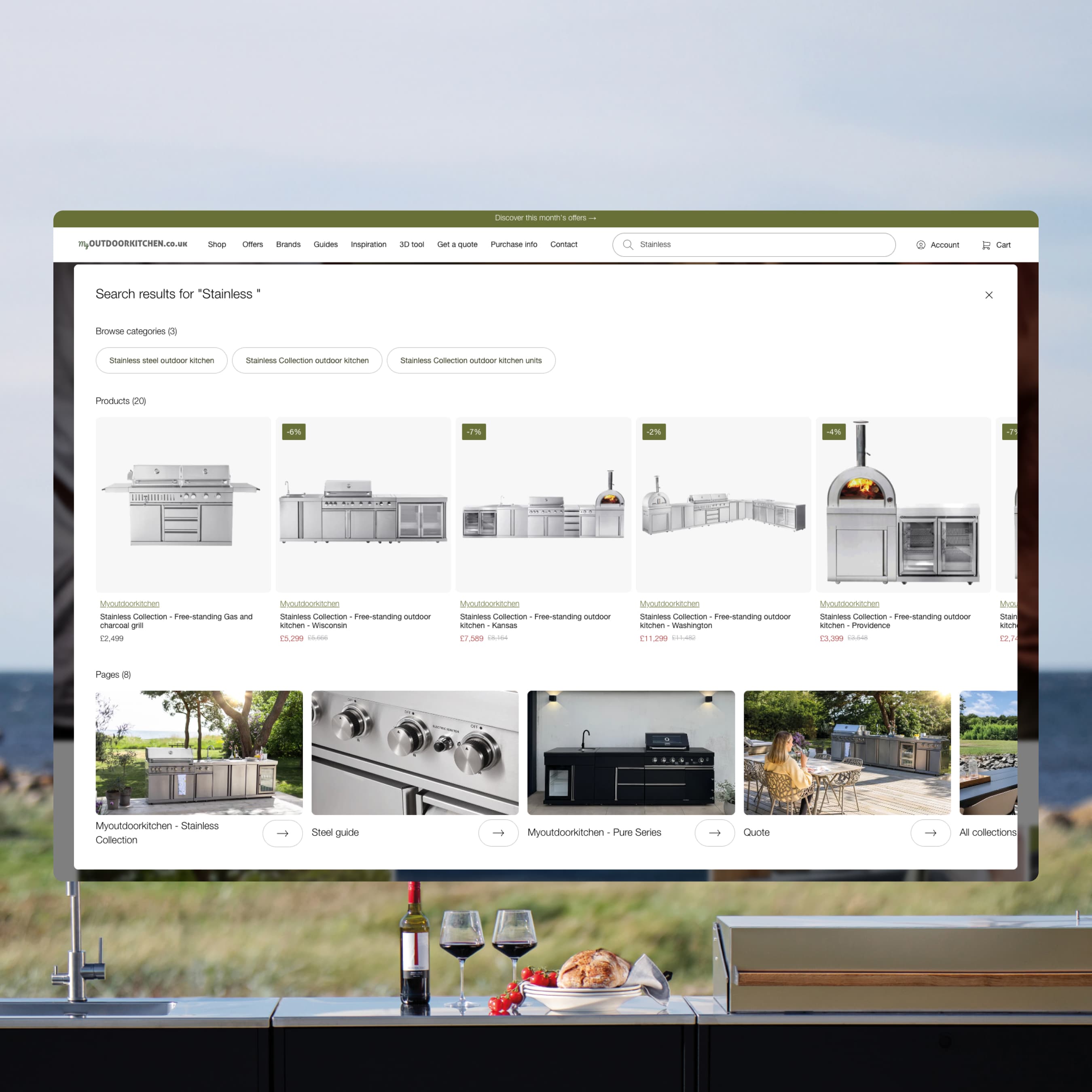 Search results on MyOutdoorKitchen.co.uk showing categories, stainless steel outdoor kitchens and related guides