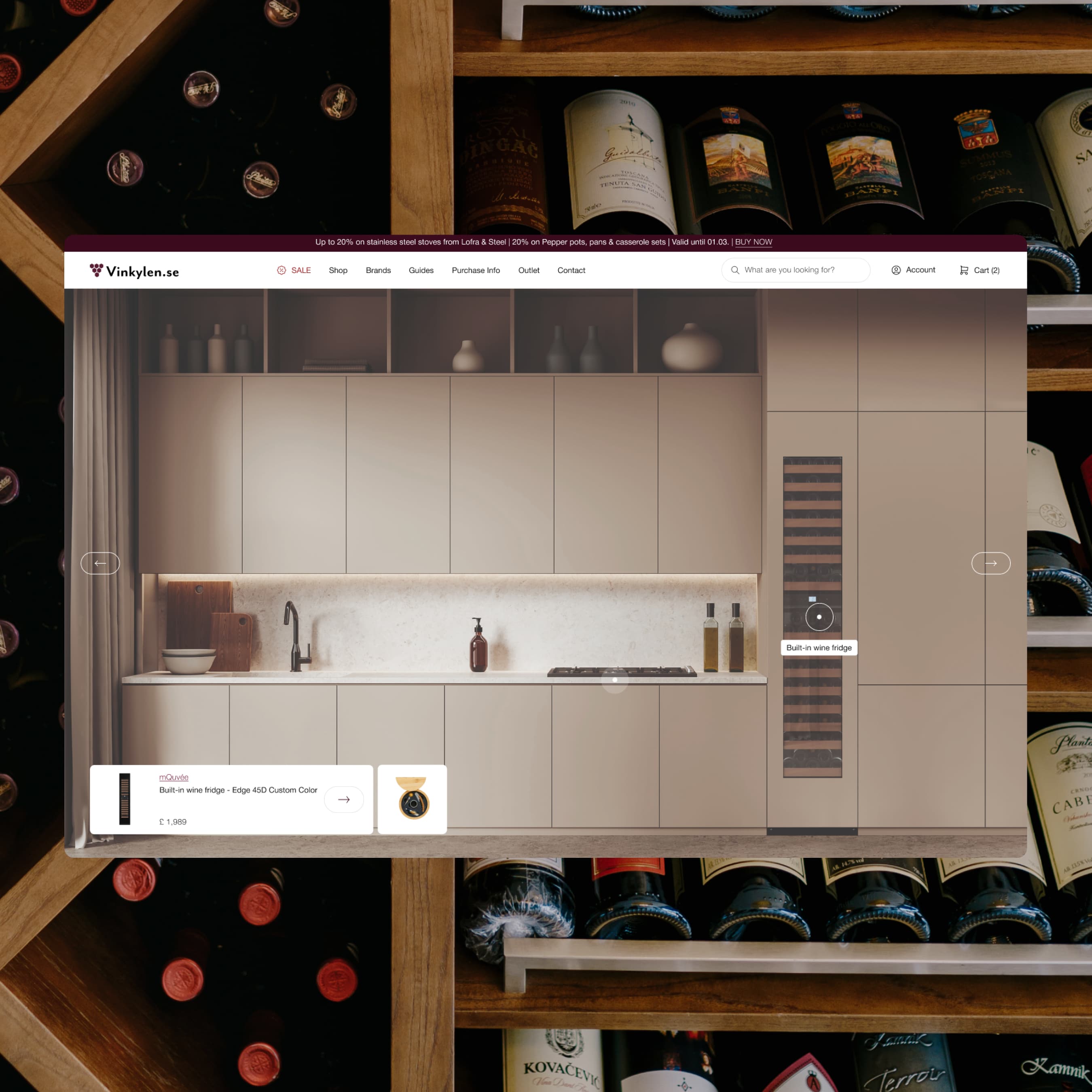 Vinkylen.se homepage with a shoppable kitchen image, where a hotspot links to a built-in wine fridge
