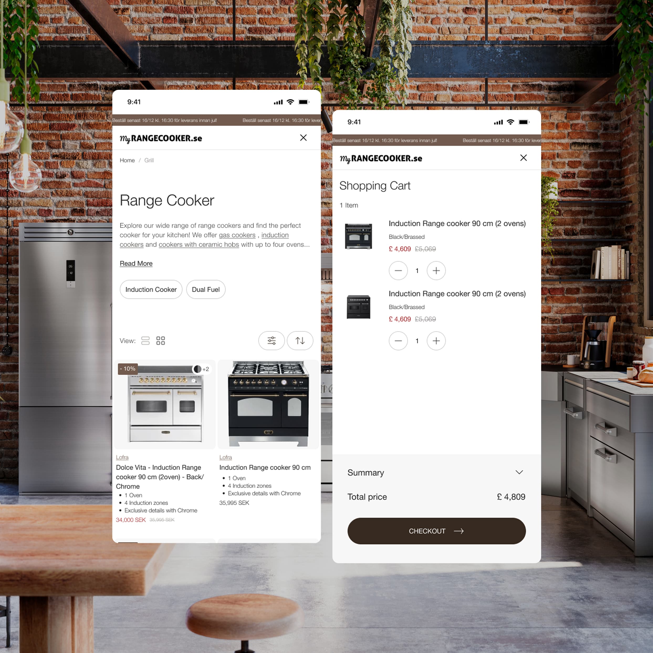 Two mobile screens from MyRangeCooker.se: a range cooker category page and the shopping cart