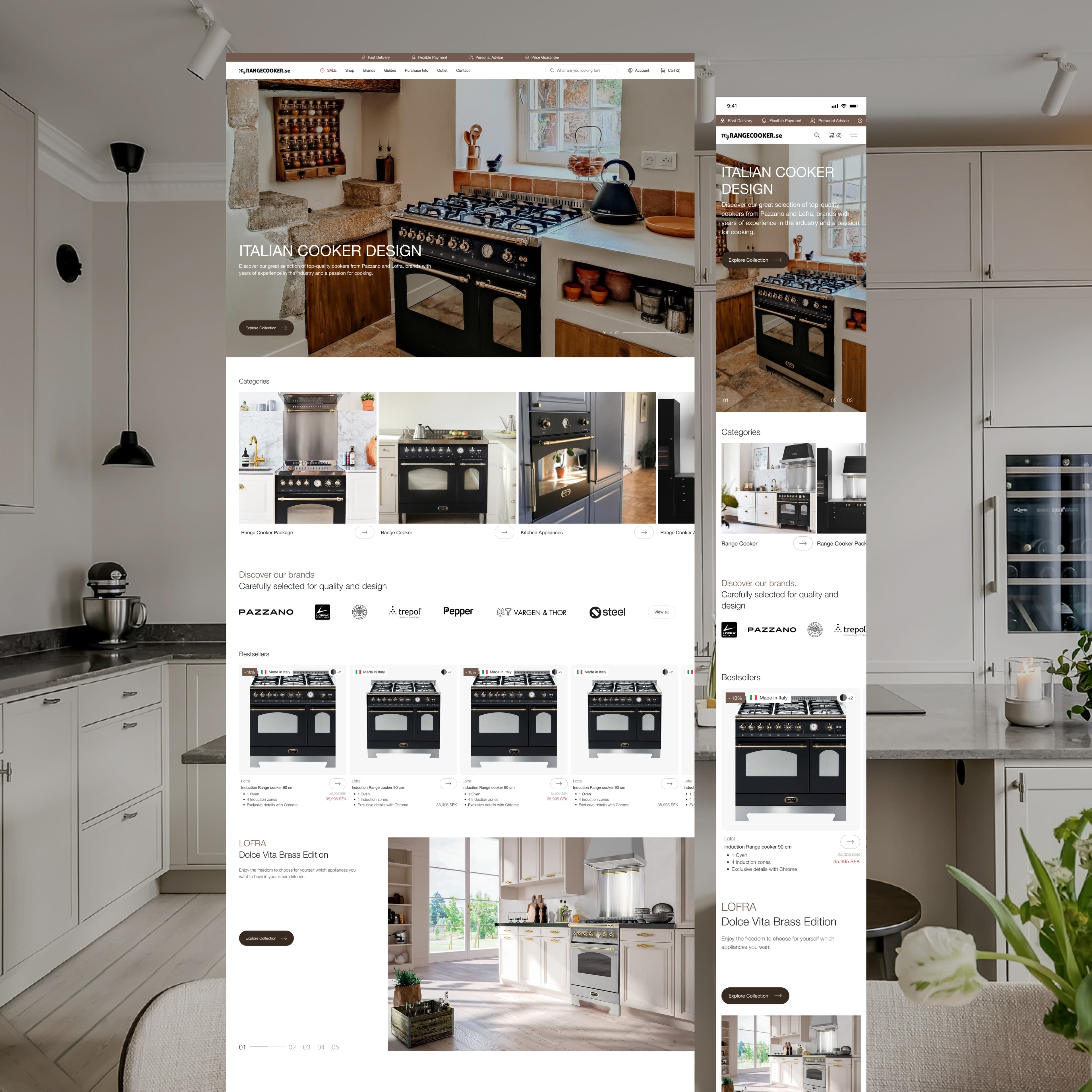 MyRangeCooker.se homepage on desktop and mobile, showing Italian range cookers, categories, brands and bestsellers